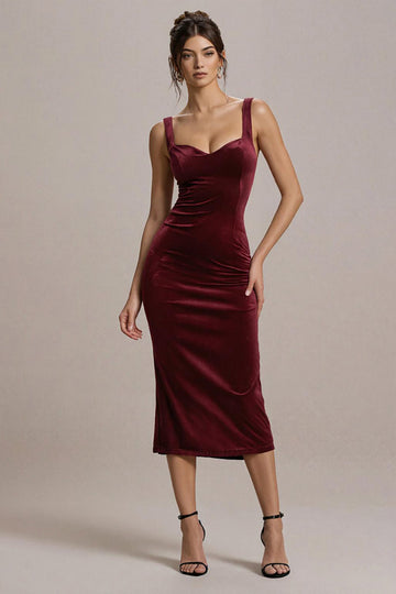Robe formelle mi-longue moulante en velours bordeaux